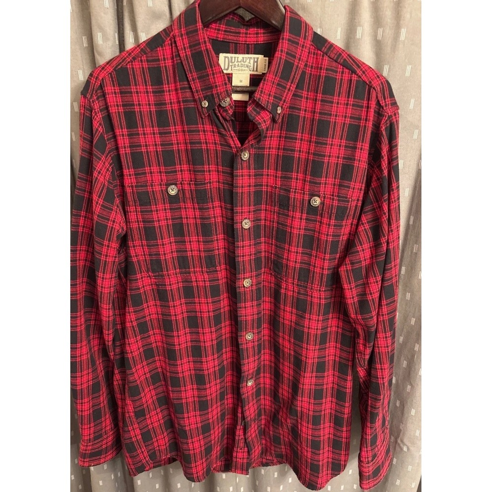 Duluth Trading Co Mens Red Black Plaid Flannel Shirt Trim Fit Medium 3237-30